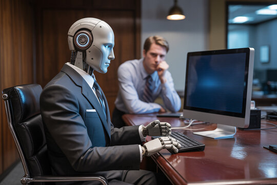 AI robot working on computer in office as human watches. AI replacing human labor concept