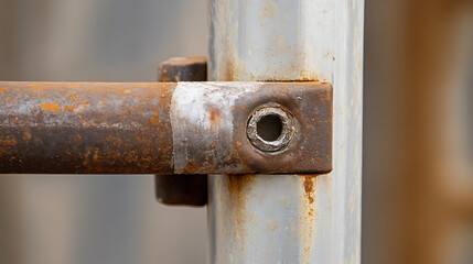 Close-up of a weathered metal structure showcasing the textures of rust and corrosion on a corroded fastener. The rough surface suggests age and exposure to the elements.