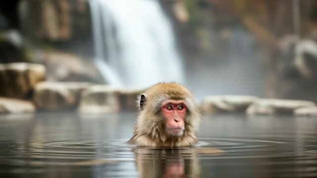 charming macaque with reddish face and brown fur sits partially submerged in warm water A blurred waterfall cascades in the background surrounded by natural rocks and steam