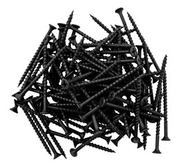 A pile of black screws on a white background. Screw isolate. Top view.
