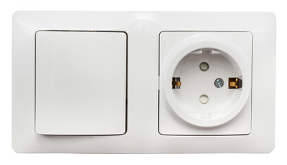 A white electrical outlet on a white background. An isolated surface-mounted electrical outlet.