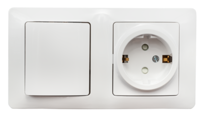 A white electrical outlet on a white background. An isolated surface-mounted electrical outlet.