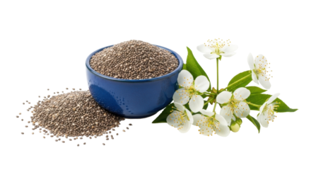 Isolated blue bowl of chia seeds with pile and cherry blossoms, healthy food photography