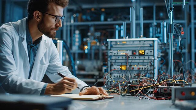 Engineer in White Lab Coat Writing Notes While Working on Electronics in a Modern Laboratory