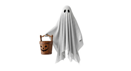 Isolated Halloween ghost with bucket, spooky ghoul with wooden Jack-o'-lantern basket
