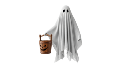 Isolated Halloween ghost with bucket, spooky ghoul with wooden Jack-o'-lantern basket