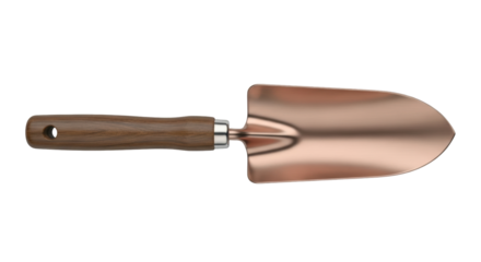 Isolated trowel gardening tool with wood handle and copper spade, garden equipment