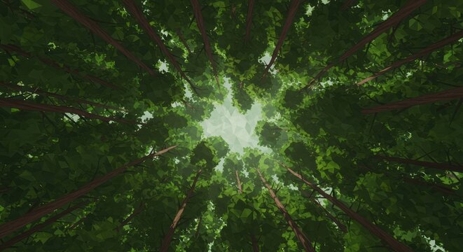 Low angle view of green forest trees against bright sky illustration