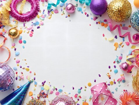 22. Bright party accessories arranged around empty space on a white surface
