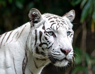 A close-up shot captures the majestic white tiger, showcasing its striking blue eyes and distinctive dark stripes. Lush greenery provides a natural backdrop