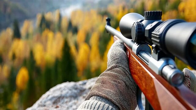 Skillful marksman practices rifle shooting in autumn woods with vibrant foliage and a clear river in the background