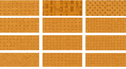Twelve rectangular panels displaying various light brown woven wood and parquet floor textures