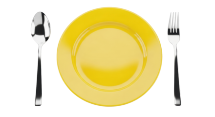 Isolated yellow plate with silver fork and spoon. Tableware setting for eating meal