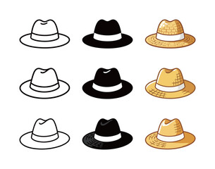 Straw Fedora Hat Icon Set - Outline, Solid Black, and Flat Style for Summer and Travel Fashion