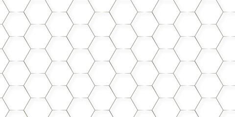 Hexagonal white technology grid background. Hexagonal grid tile mosaic structure mess cell design. white and gray hexagon honeycomb football emboss geometric copy space business texture wallpaper.
