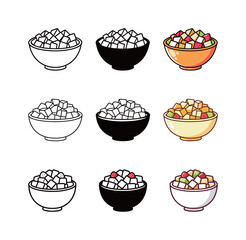 Fruit Salad Bowl Icons - Outline, Solid Black, and Flat Color Styles for Healthy Food and Diet