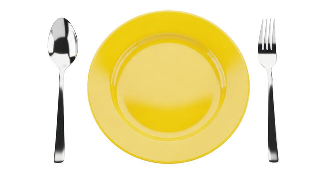 Isolated yellow plate with silver fork and spoon. Tableware setting for eating meal - Powered by Adobe
