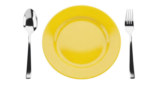 Isolated yellow plate with silver fork and spoon. Tableware setting for eating meal