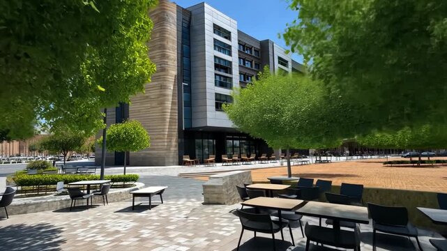 Exploring a modern outdoor cafe in a sunny urban setting in a vibrant neighborhood with sleek buildings and greenery