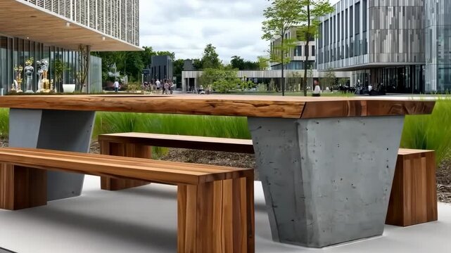 Modern outdoor seating area with wooden benches and a stylish table near contemporary architecture in a park setting
