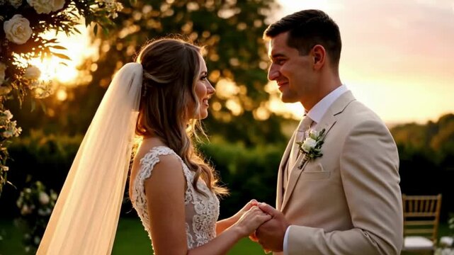 Stunning bride and groom gaze lovingly at each other during their golden hour wedding ceremony promising a lifetime of happiness