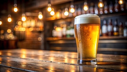 A tall frothy glass of golden lager beer sits on a polished wooden bar counter in a dimly lit pub with warm glowing lights in the background