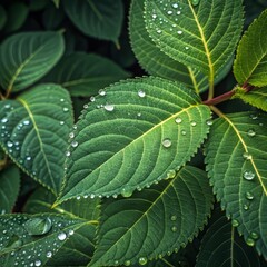 Stunning water droplets glistening on vibrant green leaves, perfect for conveying freshness, nature, and serenity in wellness or beauty campaigns