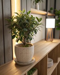 Indoor plant adds a touch of green to a modern shelf, perfect for home decor inspiration and creating a calming atmosphere in your stylish living space