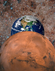 Mars, earth in space, stars