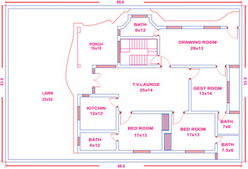 House floor plan blueprint illustration vector showing drawing room, bedrooms, guest room, kitchen, TV lounge with architectural layout dimensions 86.6x53.9