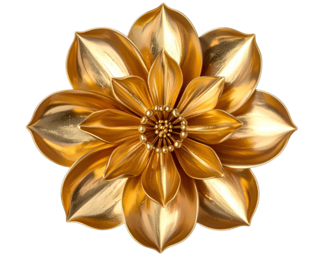 Elegant Golden Metallic Flower Embellishment isolated on a transparent background.