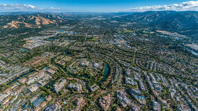 Aerial View of Walnut Creek, California, USA, Featuring Urban Planning, Residential Areas, and the Diablo Mountain Range on a Sunny Day