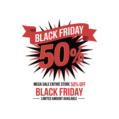 Black Friday 50% Off Sale Banner with Ribbon and Burst Design on White Background
