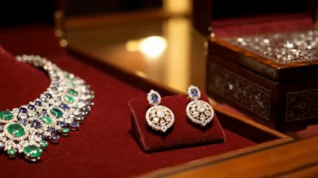 Stunning emerald diamond necklace and elegant earrings showcase luxury jewelry collection in a velvet lined display case