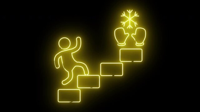 A yellow neon stick figure climbs steps towards mittens and a snowflake against a black backdrop