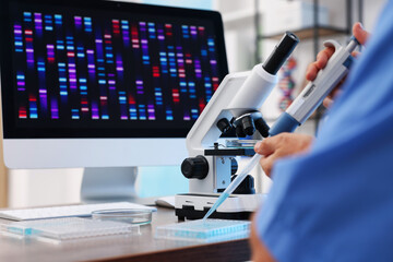 Research in genetics. Scientist with micropipette and microplate working at table in laboratory, closeup