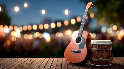 Guitar and drum set up for a lively music gathering in a beautifully lit outdoor space