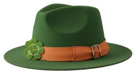 Isolated green hat with a four leaf clover and an orange belt for good luck charm