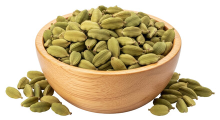 Isolated cardamom pods in wooden bowl, natural spice, cooking ingredient, aromatic pods