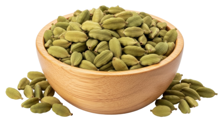 Isolated cardamom pods in wooden bowl, natural spice, cooking ingredient, aromatic pods