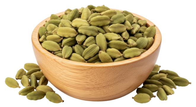 Isolated cardamom pods in wooden bowl, natural spice, cooking ingredient, aromatic pods