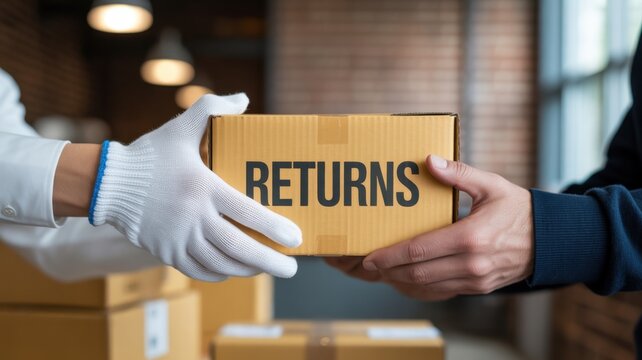 Returns Box Exchange: A close-up shot captures the hand-off of a cardboard box labeled Returns, symbolizing a business interaction and exchange process.