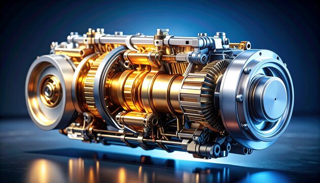 A close-up, well-lit depiction of a metallic engine component, utilizing contrasting gold and silver elements. It showcases intricate mechanics, with a cylindrical design