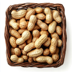 Peanuts in wicker basket, top view natural snack