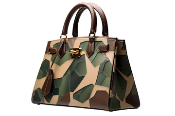 Stylish camouflage handbag with brown leather accents