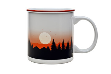 White mug with a sunset and mountain landscape design