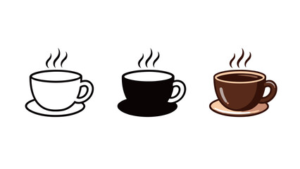 Obraz premium Hot Coffee Cup Icon Set: Steaming Mug of Tea or Chocolate Symbol in Outline, Silhouette, and Color Styles.
