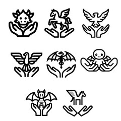 Fototapeta premium Set of Mythological Creatures Above Two Open Hands Symbolizing Fantasy and Protection