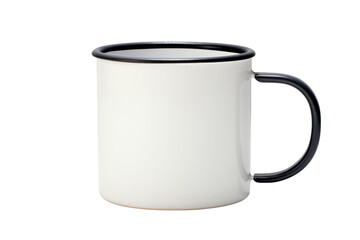 White enamel mug with black trim on a black backdrop