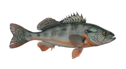 Isolated, detailed image of a rock bass fish specimen in naturalistic style, aquatic animal